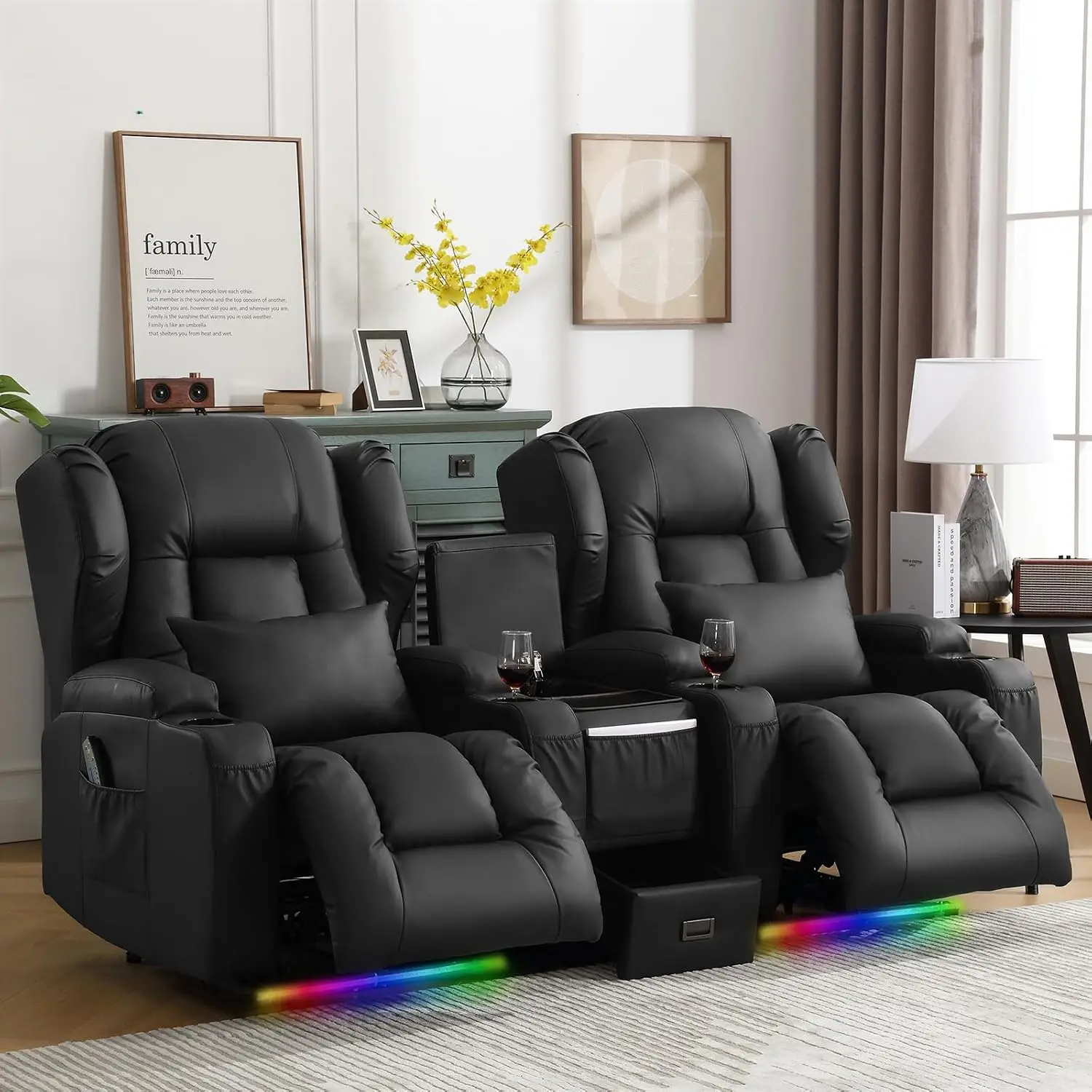 Power Recliner Chair, Electric Wall Hugger Reclining Sofa with Massage & Heat, Overstuffed Theater Seating with LED/USB Port/Cup