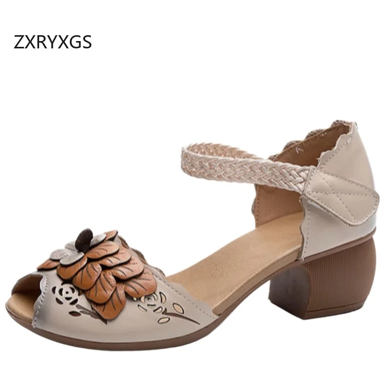 

ZXRYXGS Top Cowhide Flowers Fish Mouth Sandals Fashion Shoes High Heels Summer 2025 Temperament Elegant Women Banquet Sandals