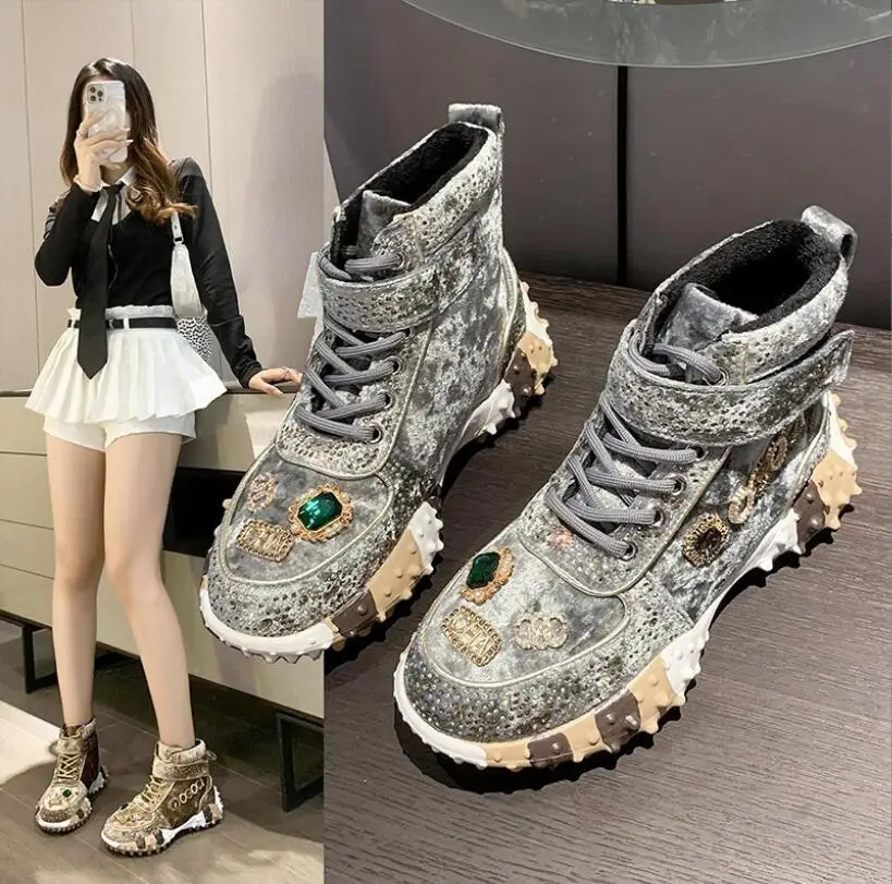 Hot Leather Casual Shoes Rhinestones High Top Sneakers Women Vulcanized Lace Up New Internet Celebrity All-Match Flat Thick Sole