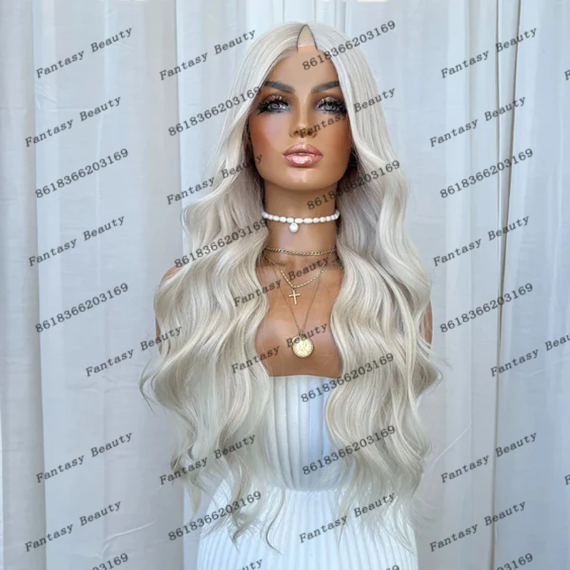 #60Platinum Blonde 100% Remy Human Hair Full Machine Made U Part Wigs for Black Women Long Body Wave White Adjustable V Part Wig