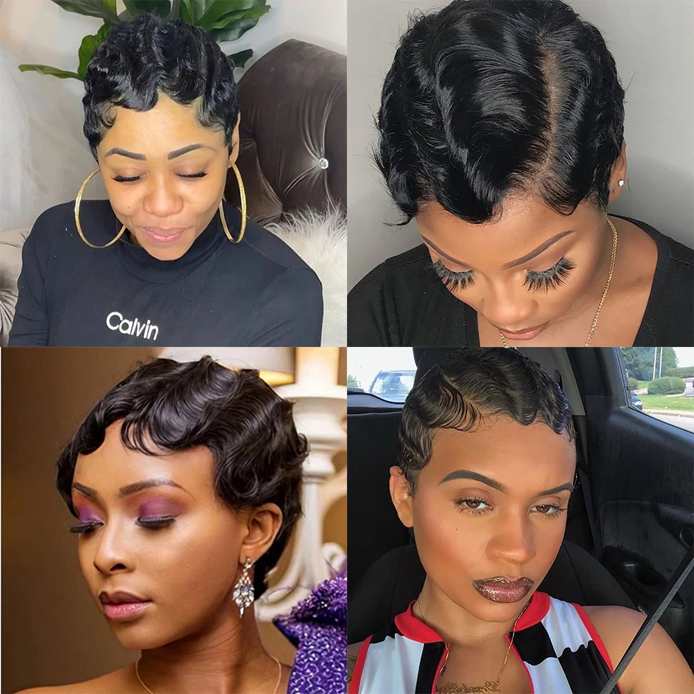 شعر مستعار بموجات الأصابع، شعر بشري قصير بقص عابث، باروكات شعر بشري برازيلي للنساء، مصنوعة آليًا بالكامل، جاهزة للارتداء #2