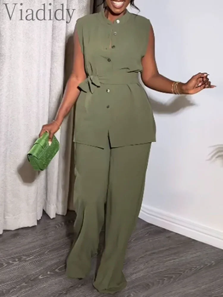 

Women's Elegant 2 Piece Outfit Sleeveless Button Front Belted Top High Waist Wide Leg Pants Set
