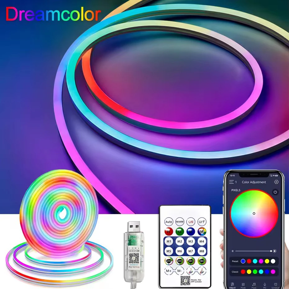

5V RGB Neon Strip Light Flexible Waterproof Ribbon Tape 1M/2M/3M/5M USB Powered with Bluetooth Remote Control for Home Decor