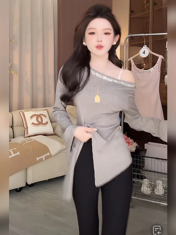 

plus Size 300 Pou Women's T-irt Long Sve Slit Waist Cinched Diamond Embellied Early Autumn Versatile Top Korean S...