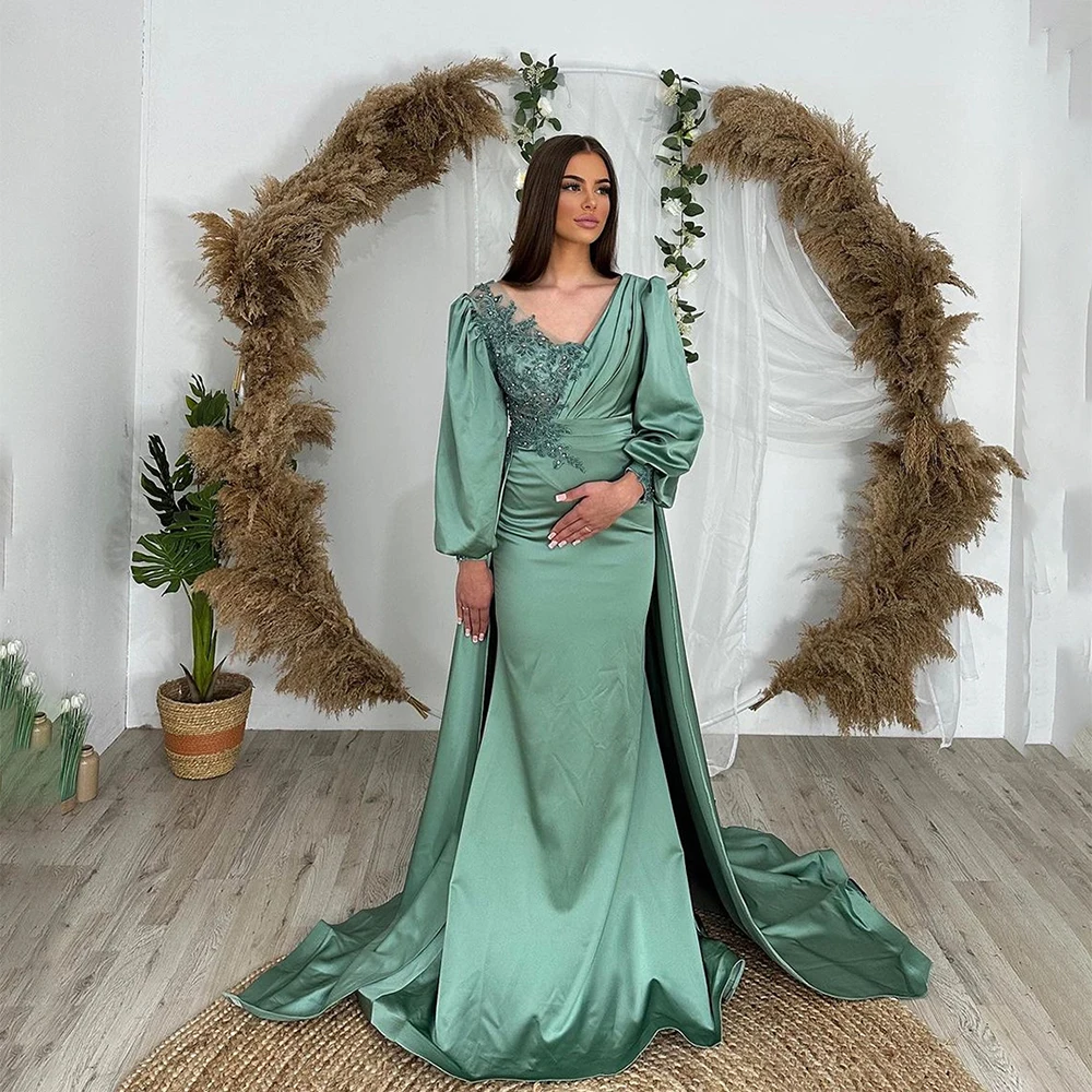 Verngo Long Puff Sleeves Dresses For Women 2023 V-neck Appliques Crystal Party Gown Draped Train A Line GreenEvening Dresses