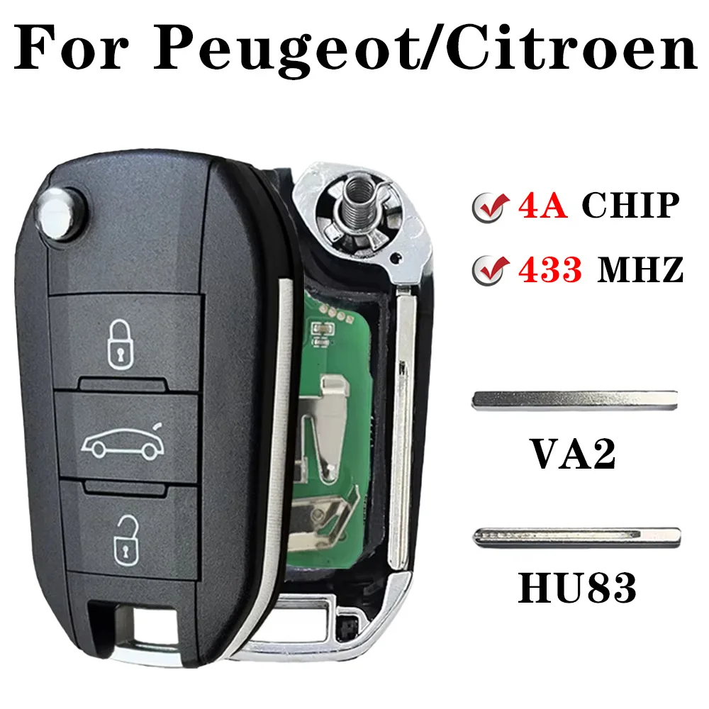 For Citroen C3 C5 C6 Flip Remote Folding Car Key 433 MHZ Trunk Buttons 4A Chip 433 MHZ For Peugeot 308 4008