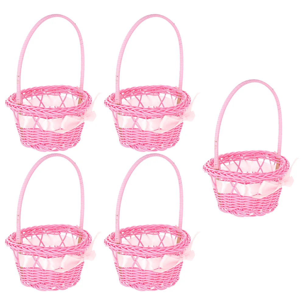 

5 Pcs Fairy Gardens Basket Rattan Flower Girl Baskets for Weddings Mini Woven Pink