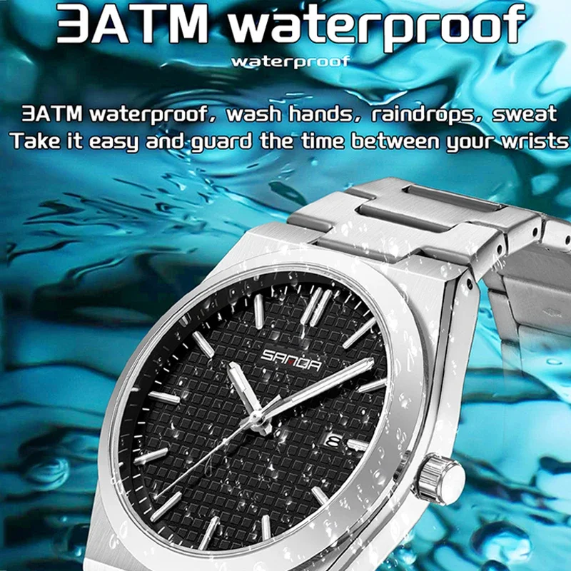 SANDA أفضل رجل الأعمال ساعة مضيئة مقاوم للماء الفضة سوار فولاذي غير قابل للصدأ الرجال الطلب الكبير تاريخ كوارتز موضة ساعة رجالية عادية