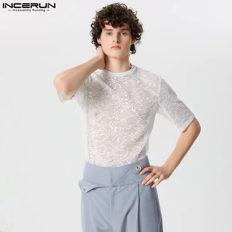 INCERUN Men T Shirt Lace Transparent O-neck Sexy Short Sleeve Summer Camisetas Streetwear 2024 Fashion Casual Men Tee Tops S-5XL