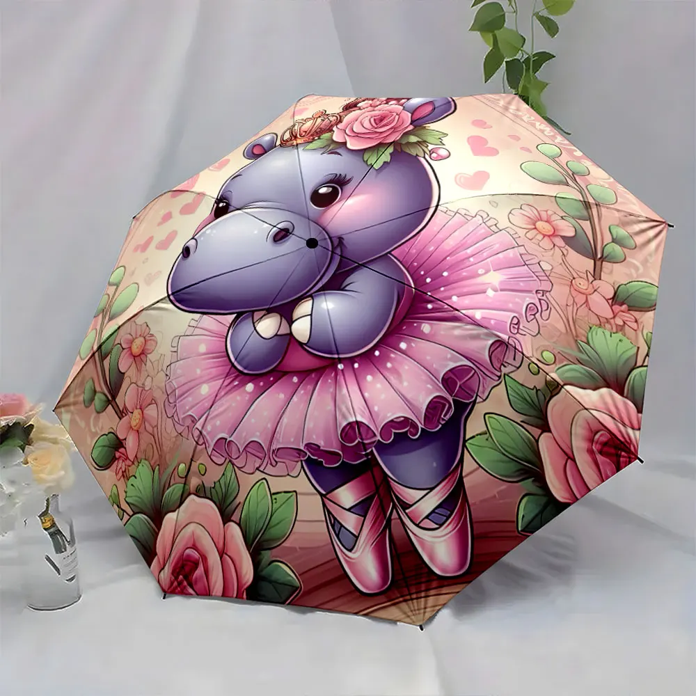 1PC Adorable Ballerina Hippo Design Umbrella for Kids Print 8 Iron Ribs Folding Umbrella Auto-Open Fashion Sunshade