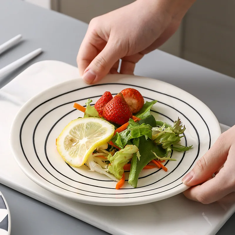 Handmade Ceramic Plates Round Underglaze Geometric Patterns Dinner Serving Dish Plate Food Tray Kitchen Tableware