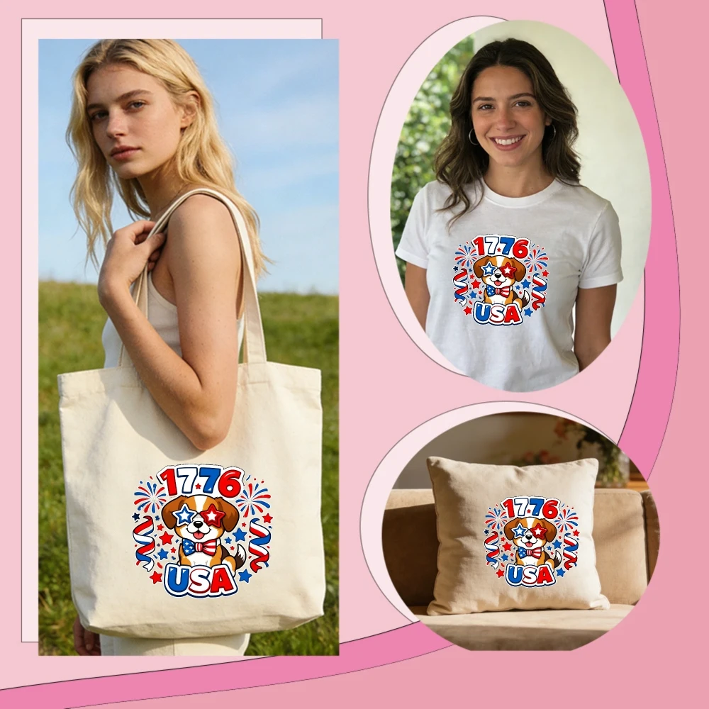4PCS 9.84in DIY iron on transfers,  Patriotic Dog Stars Easy to transfer heat, suitable for T-shirts,  washable stickers