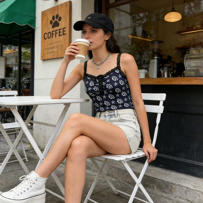 

Spring hot girl style 2026 new slim fit vest, retro printed fashionable cool fashion versatile sweet cool set funny set