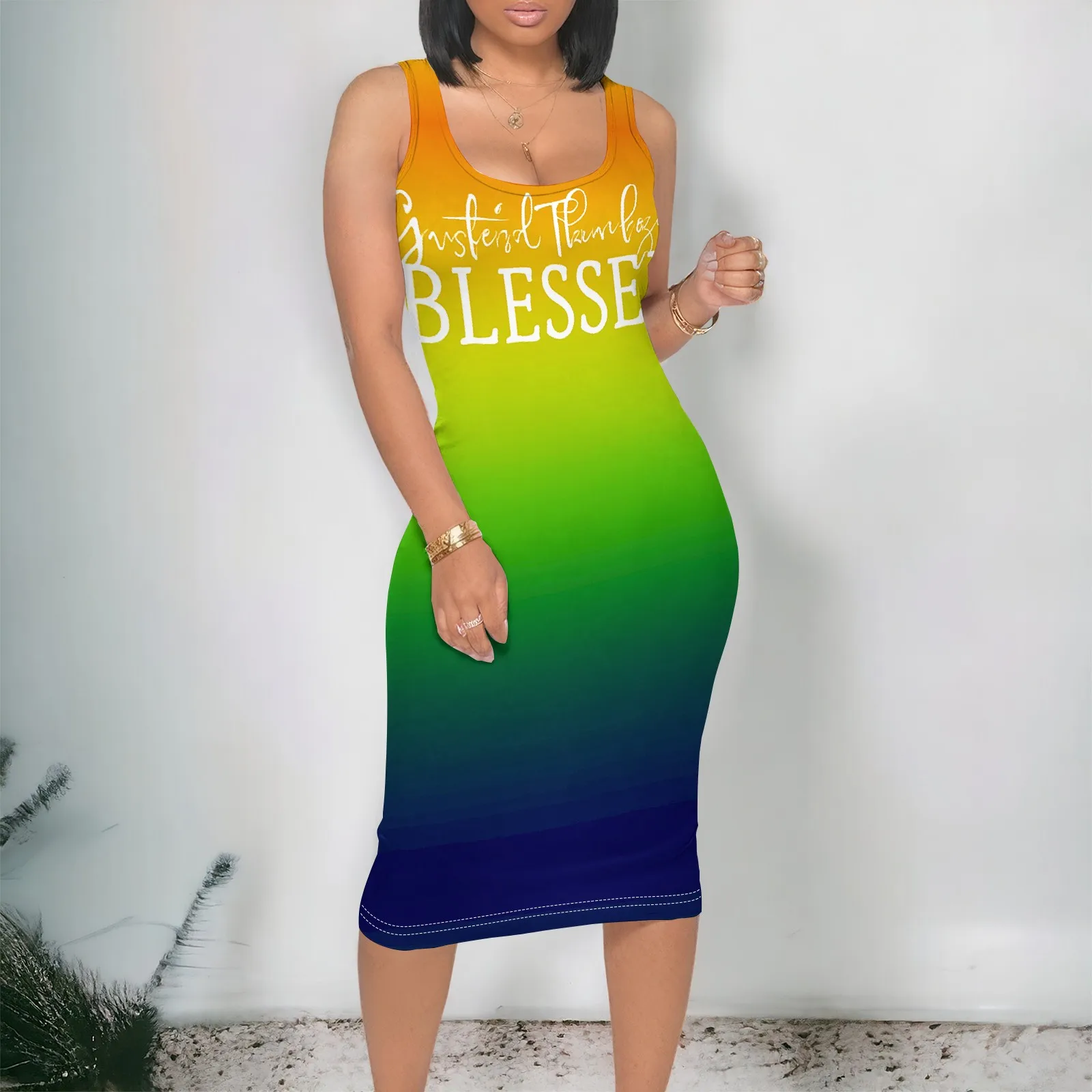 

Women's Blessed Ombre Bodycon Midi Dress Summer Orange Green Blue Gradient Sleeveless Tank Inspirational Slim Fit