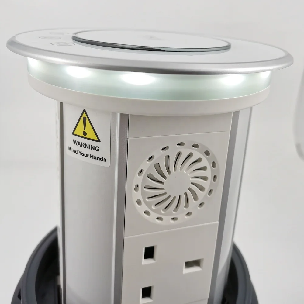 Stopkontak Dapur Nirkabel Pengisian Daya dengan Lampu LED dan Speaker, Menara Pop-up Pengangkat Motor 13A Pintar Wifi Tahan Air