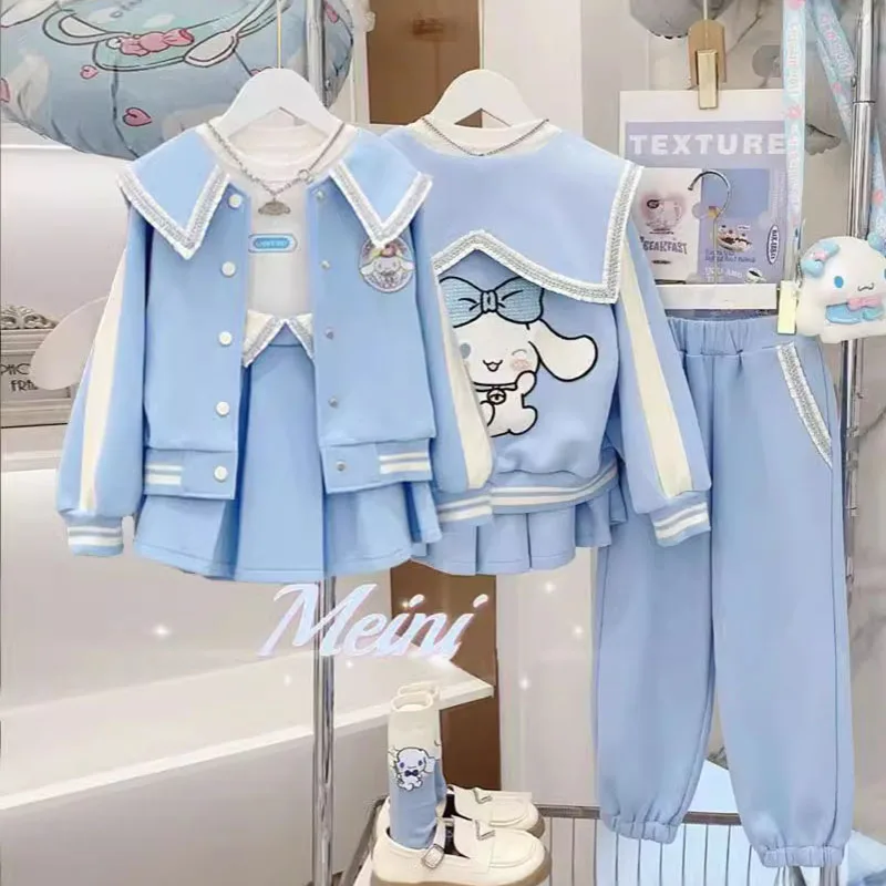 

Anime Sanrio Cinnamoroll Cute Cartoon Children's Baseball Jacket Pleated Skirt Long Pants Two-Piece Set Trendy Spring&autumn Set