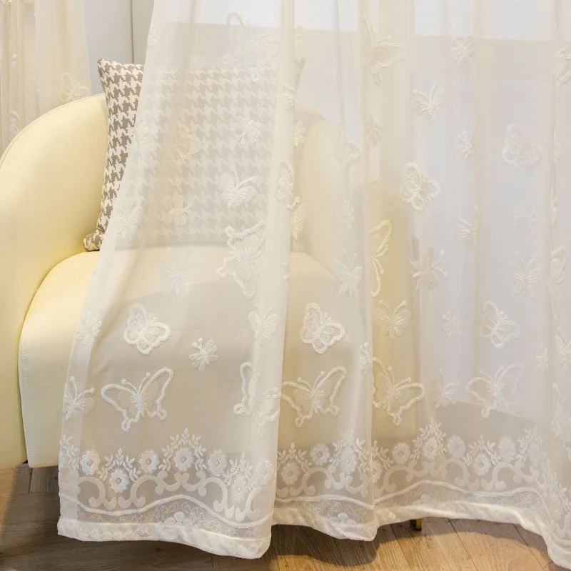 Nordic White Gauze Curtains Solid Color Thickened Embossed Butterfly Tulle Living Room Bedroom Shading Finished Product Custom