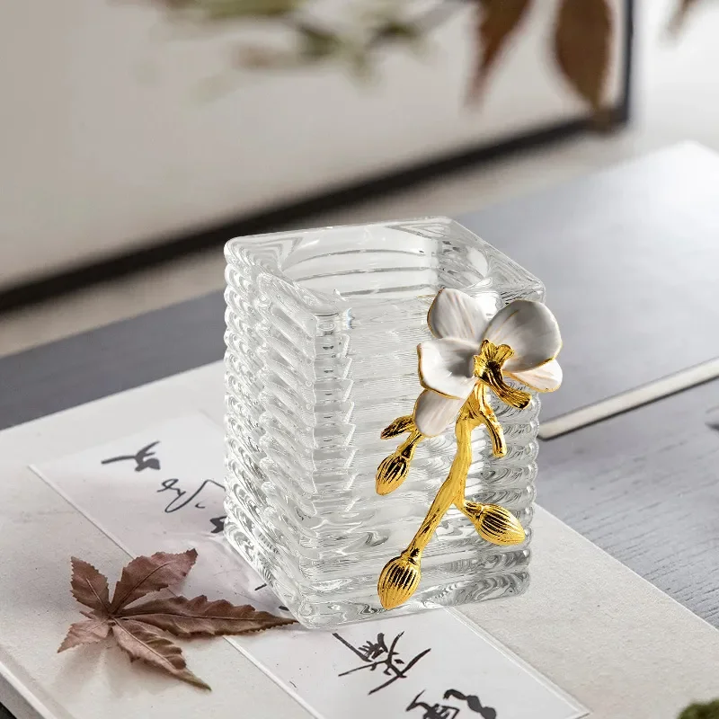 Nordic Retro Enamel Flower Glass Storage Box for Desktop Beauty Eyebrow Pencil Makeup Brush Candlestick Holder Organizer