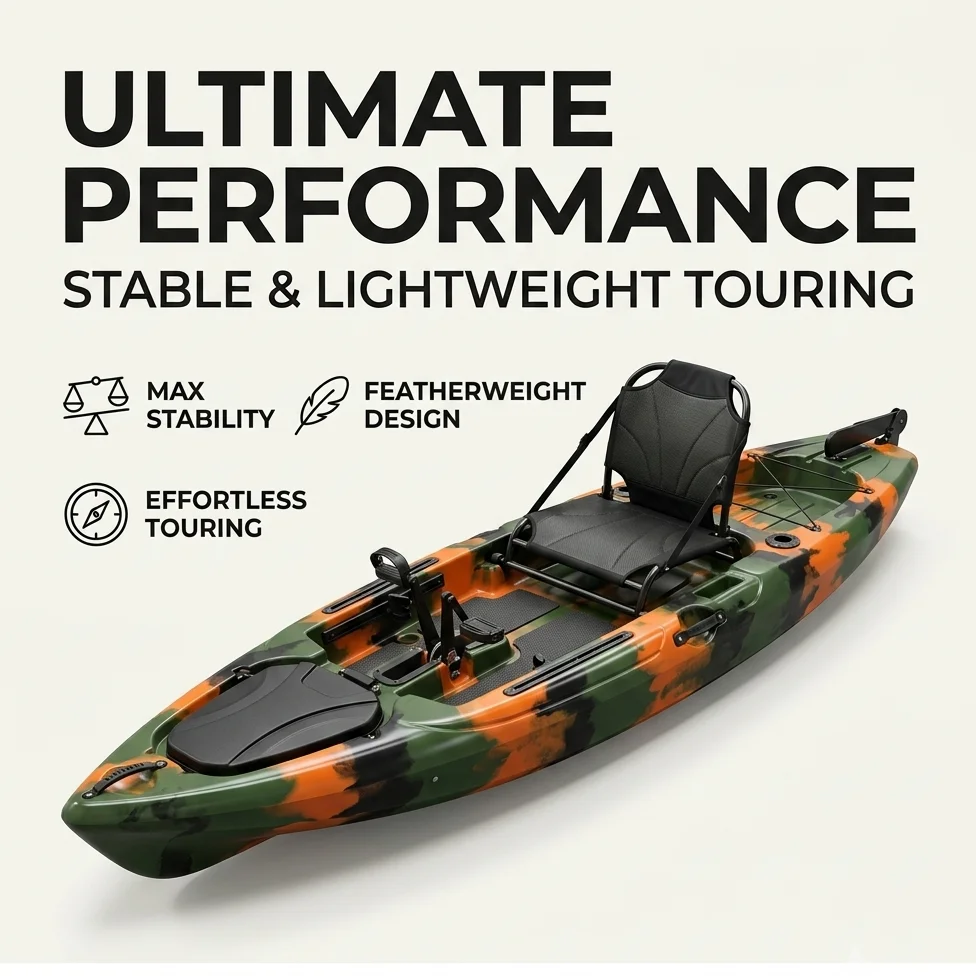 Promotional Orange Camouflage Solo Angling Kayak Lightweight Rotomolded LLDPE Propulsion Chair Canoe Rudder System Boat