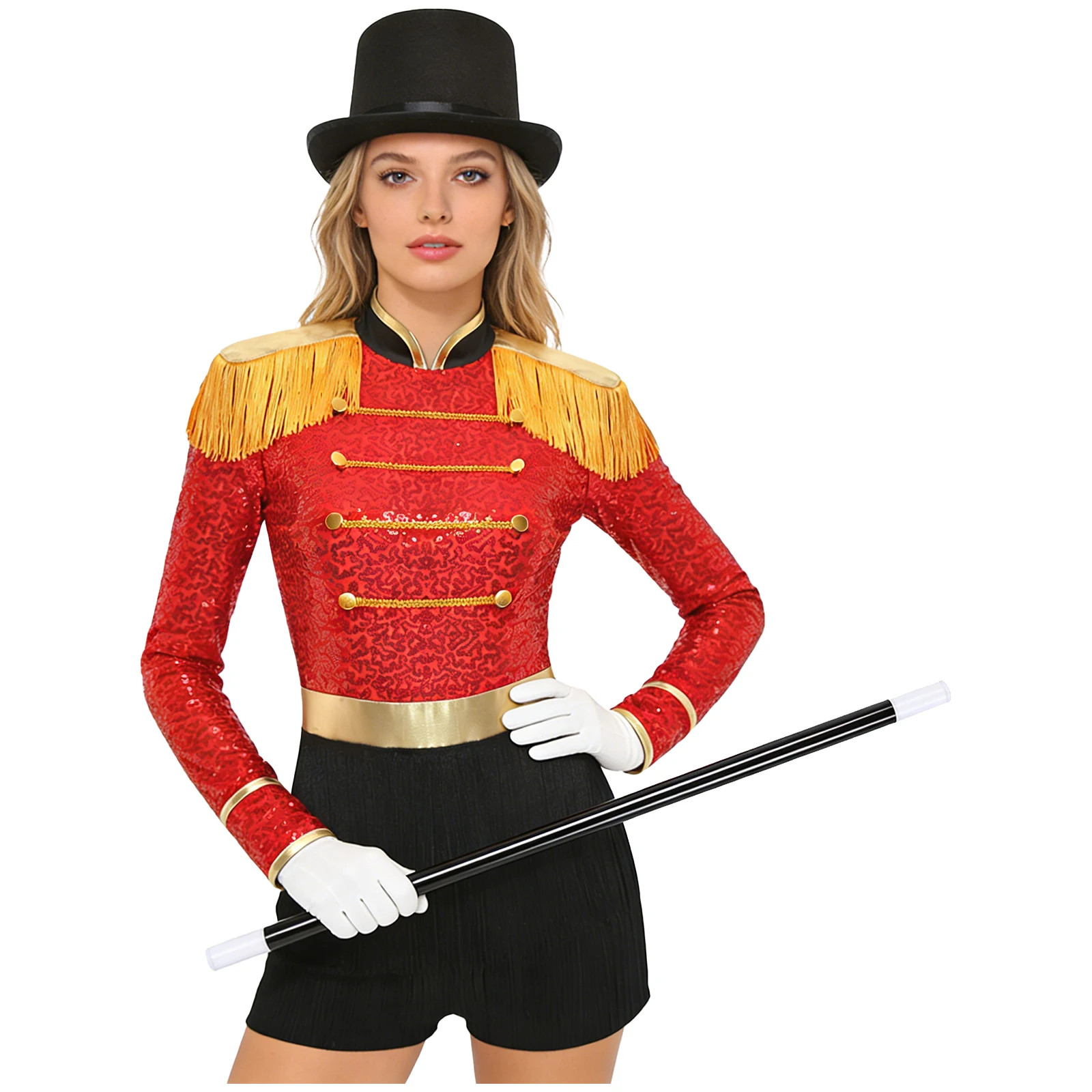 

Womens 4-piece Magician Circus Ringmaster Outfit Tassel Epaulet Tiered Fringe Color Blocking Bodysuit with Gloves Hat And Wand