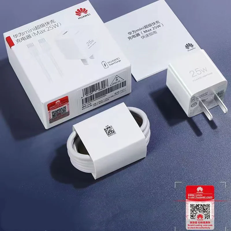 شاحن Huawei Mini SuperCharge سريع بحد أقصى 25 واط نوع-C لدعم الإخراج PD QC شحن سريع لهواوي/آيفون مع كابل 3.3A C إلى C