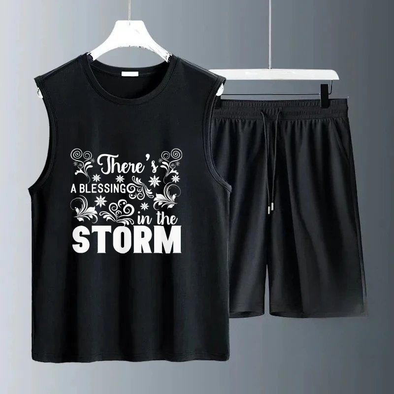 

Men's Sets 2025 Summer Polyester Tracksuit Casual Oversize football Two Piece Sets Sleeveless Letter print Tshirt+Shorts Suits