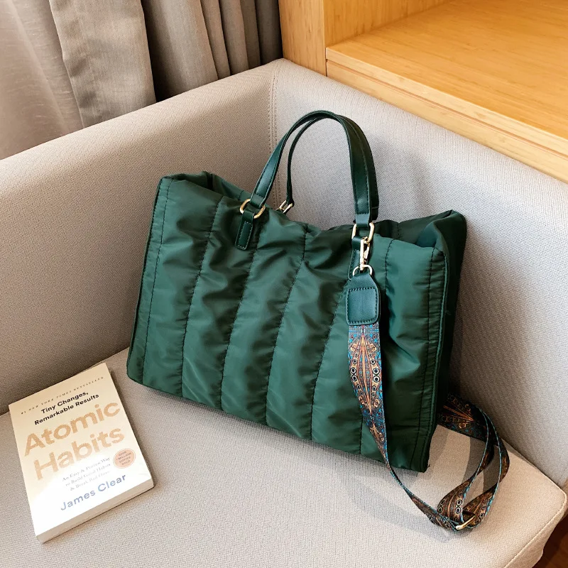

Women's Padded Nylon Tote Bag - Large Capacity Shoulder Bag with Adjustable Strap in Multiple Colors (Black/Green/Beige/Orange)