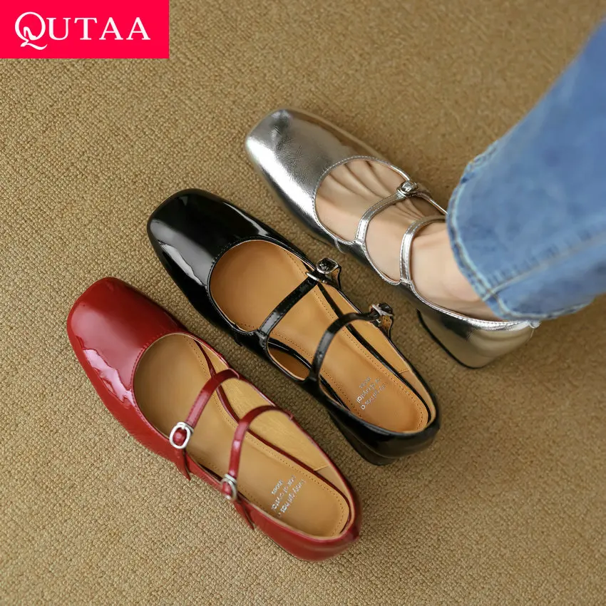 QUTAA 2024 Women Pumps Square High Heel Genuine Leather Buckle Strap Shoes Woman Spring Summer Office Ladies Working Size 34-40