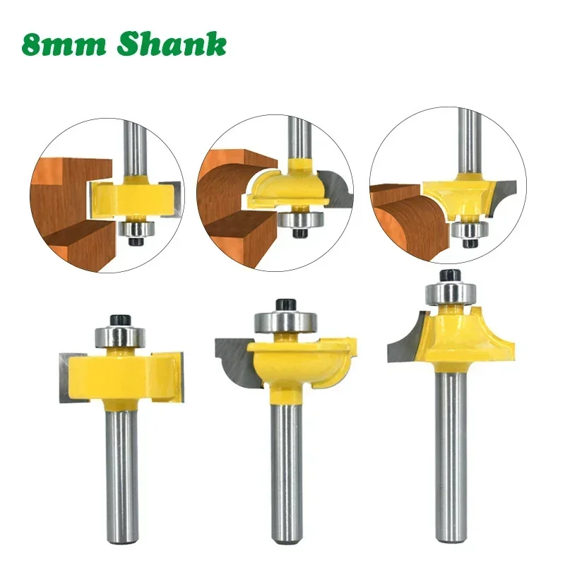 3PC/Set 8MM Shank Milling Cutter Wood Carving Router Bits Set Beading Bit Round Over Bead Frame Door T V Shape Milling Cutter