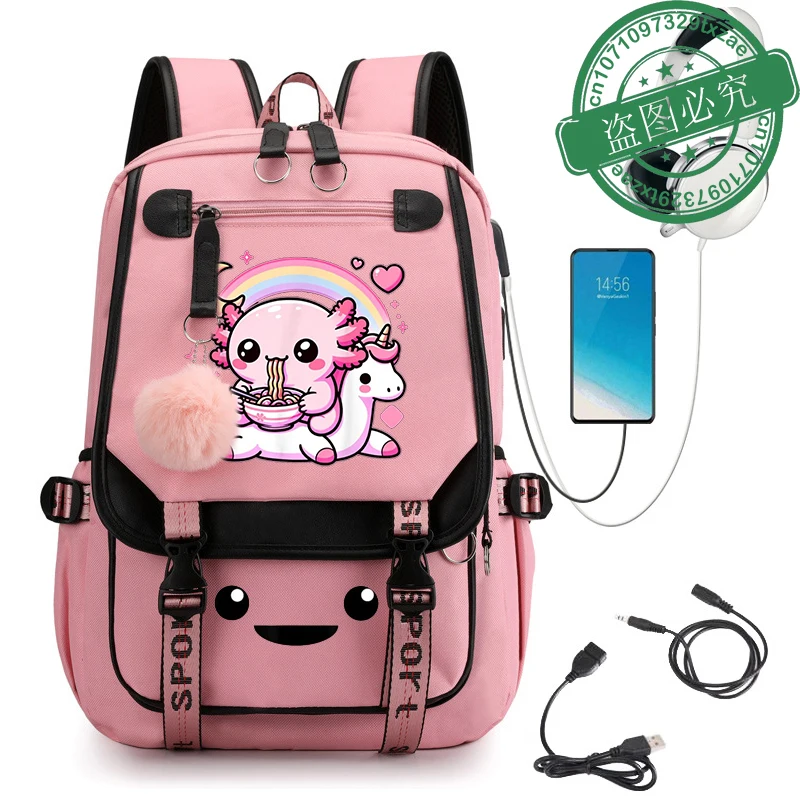 

USB Women School Backpacks Bag Nylon School Backpack for Student Girls Kawaii Axolotl Unicorn Print Laptop Book Pack Mochilas