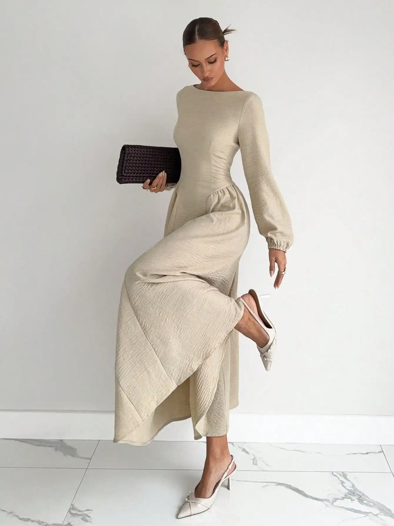 

Elegant Textured Lantern Sleeve Midi Dress with Asymmetrical Hem