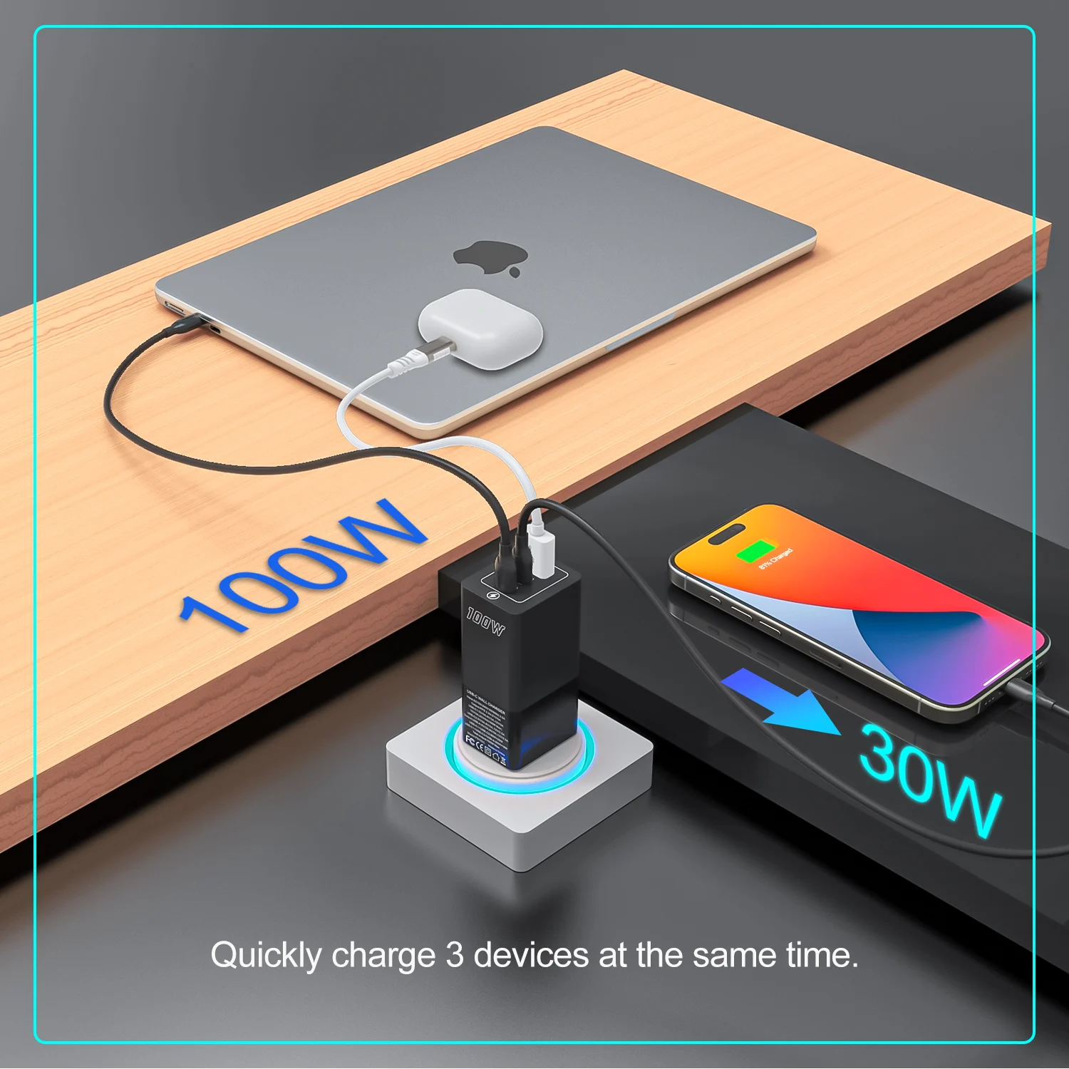 COLN PD100W USB Type C Charger GaN 100W Fast Charger Quick Charging Laptop Power for MacBook iPhone 14 15 Samsung S23 24 Ultra