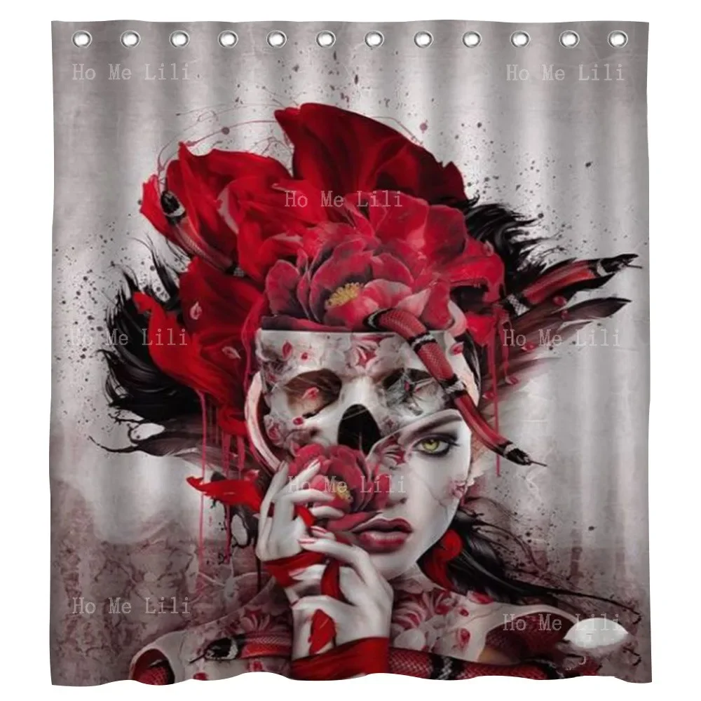 Riza Peker's Toxic Artwork Red With Demon Flowers And Skeletons By Ho Me Lili Decorate Shower Curtains For Family Toilets