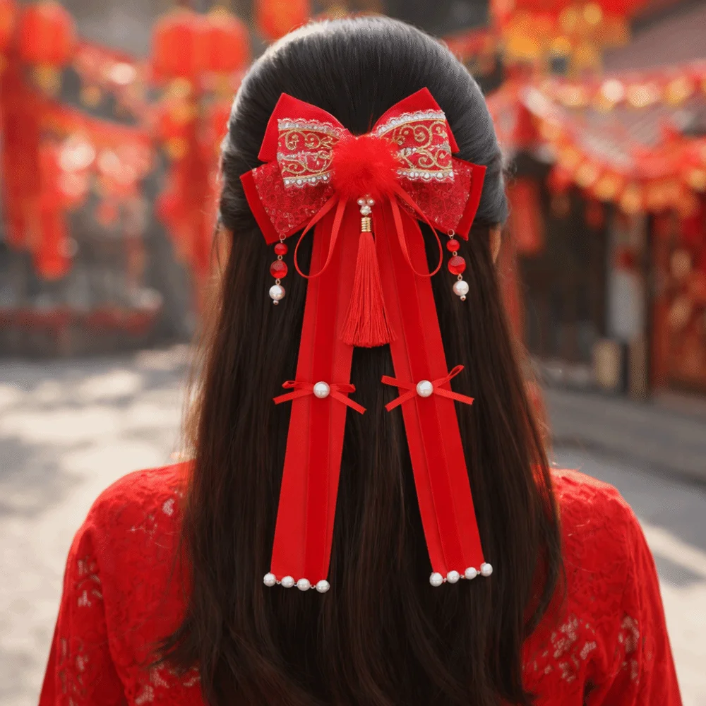

Sweet Red Bow Ribbon Hair Clip Tassel Plush New Year Hairpin Chienes Style Princess Hanfu Hair Ornamen Festival
