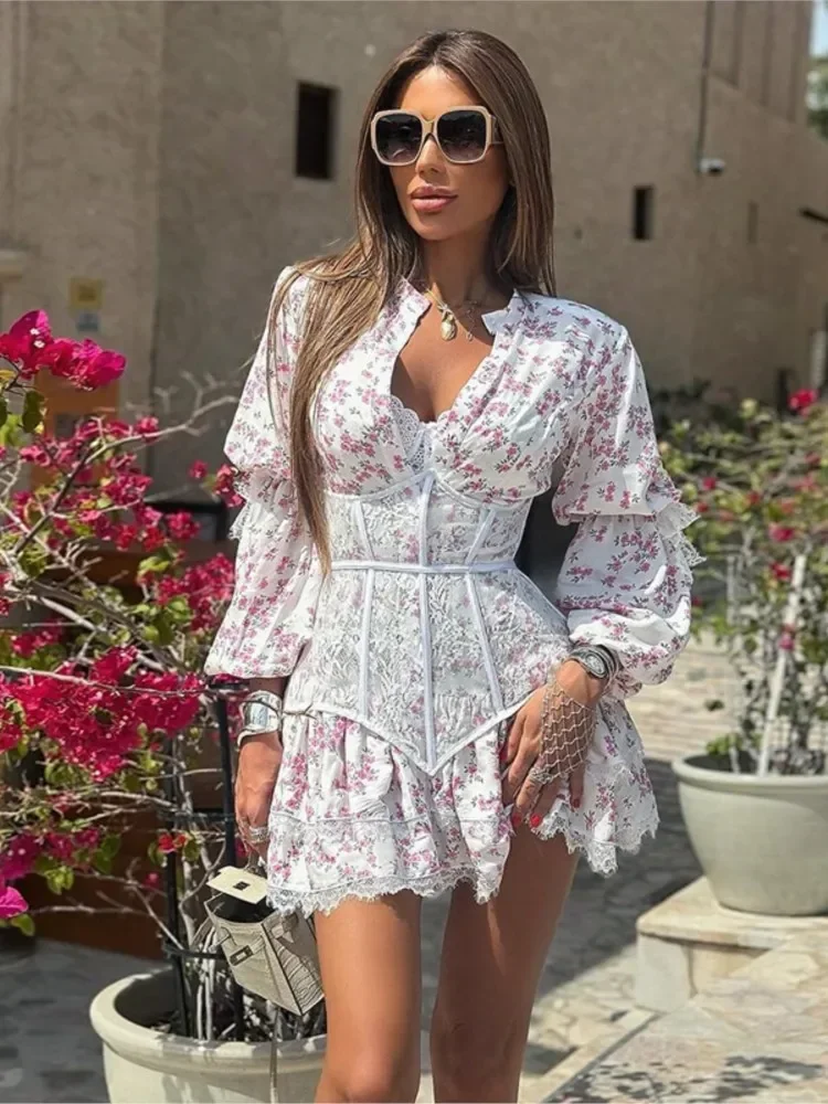 Elegante abito in vita a maniche lunghe per donna Primavera Estate Dolce stampa floreale in pizzo impiombato ​ ​ Abiti da festa corti Donna 2025