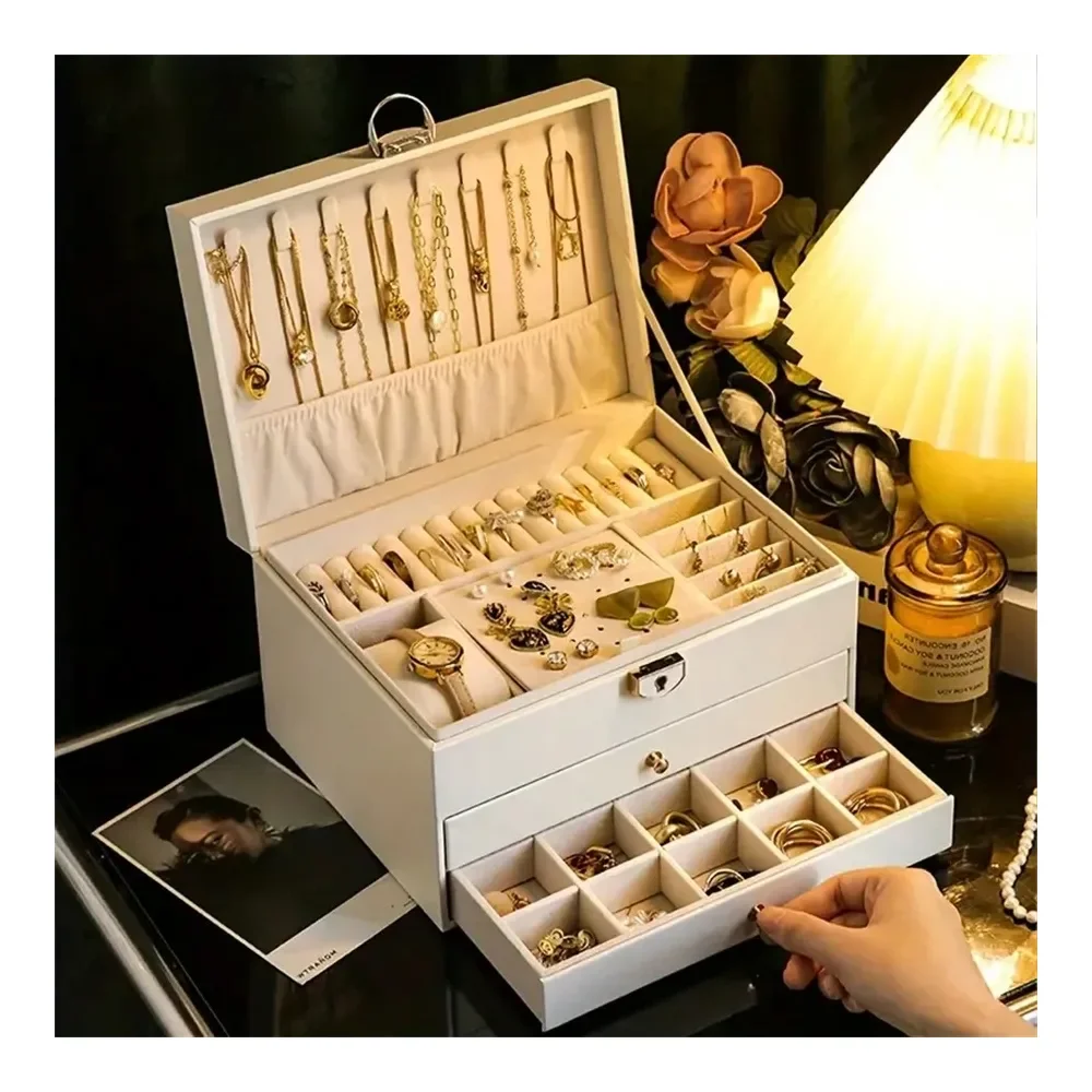Caja de joyería de lujo de doble y triple capa con cerradura, organizador de joyas multifuncional de cuero PU para anillos, pendientes, collares, B