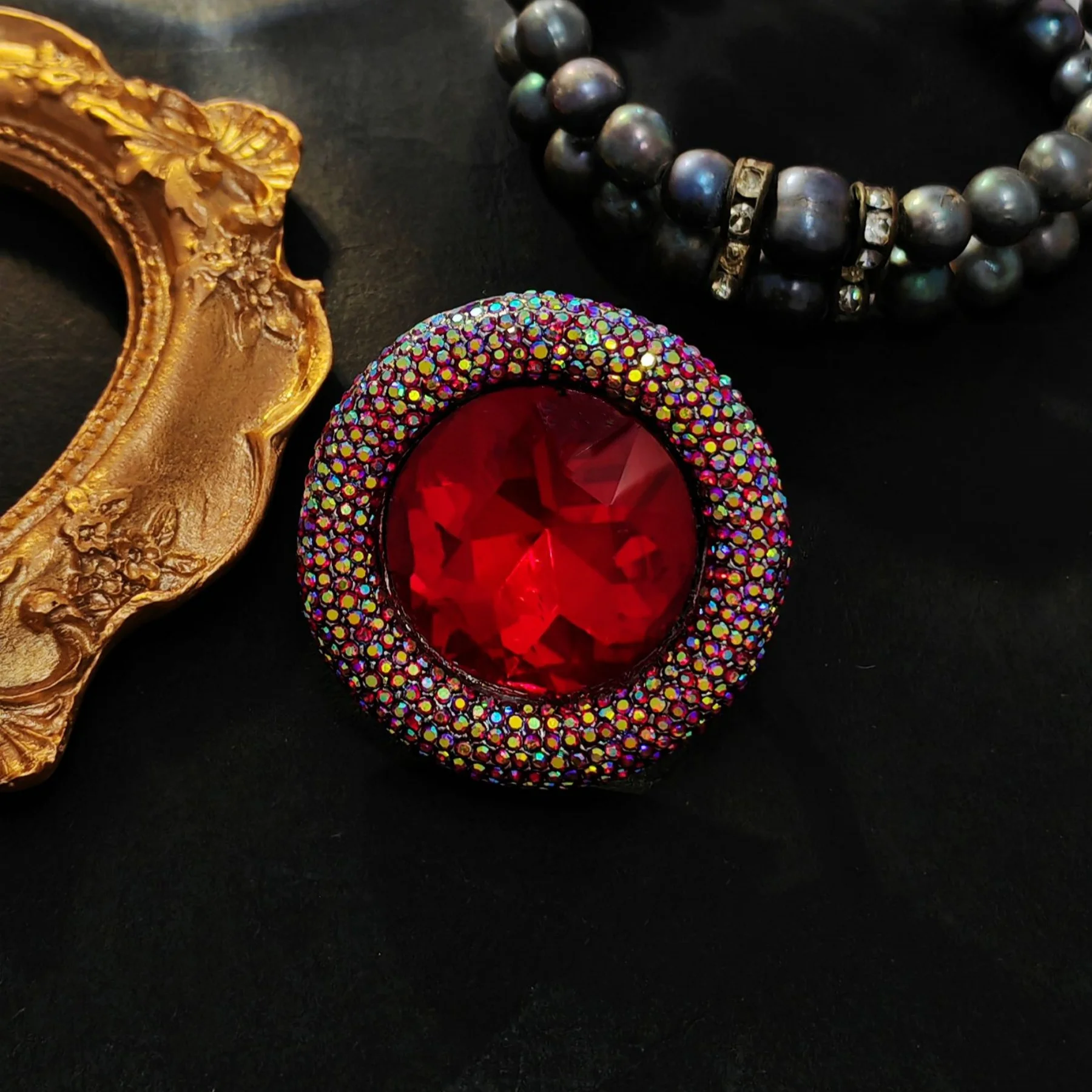 Stunning AB Aurora Borealis Red Rhinestone Round Pin Brooch Vintage Statement Jewelry image 4