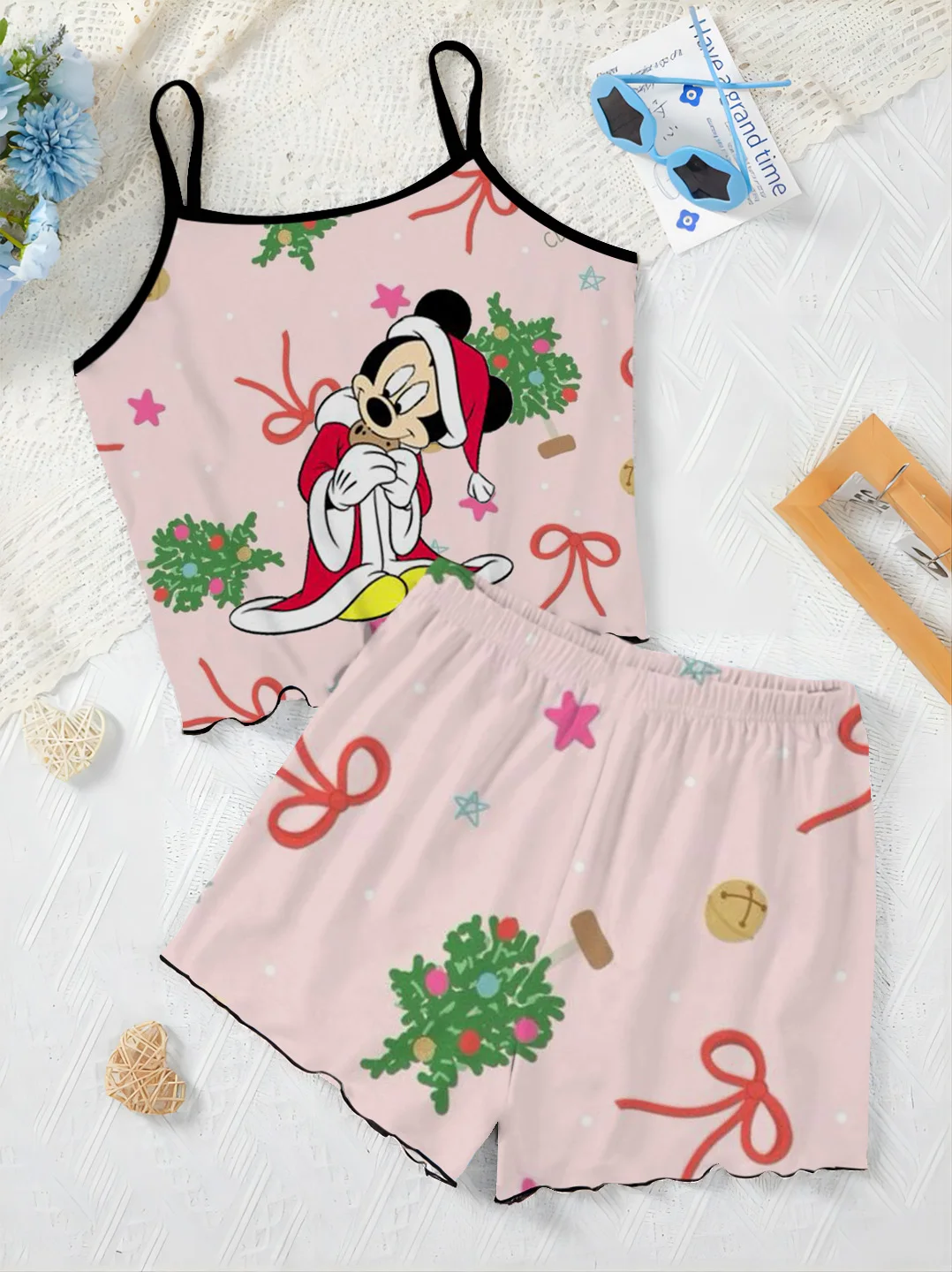 Pajama Skirt Home Dress Minnie Mouse Christmas T-shirt Short Sets for Women 2 Pieces Top Women's Suit Mickey Lettuce Trim Disney