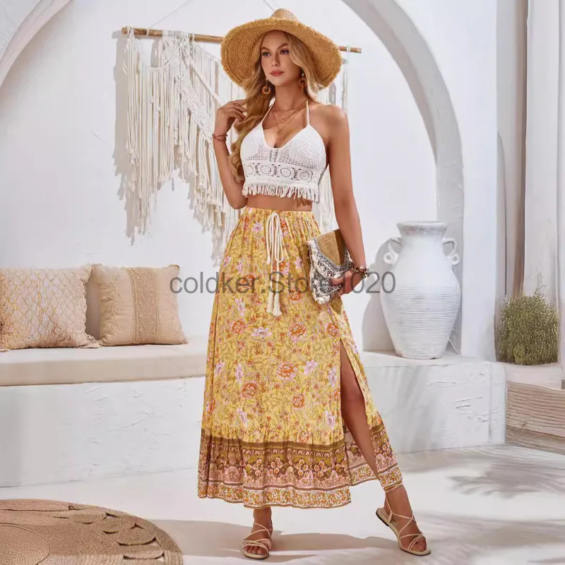 2024 Vintage Floral Print Beach Bohemian Pleated Skirt Summer Casual High Waisted Drawstring Boho Maxi Skirts Female Streetwear