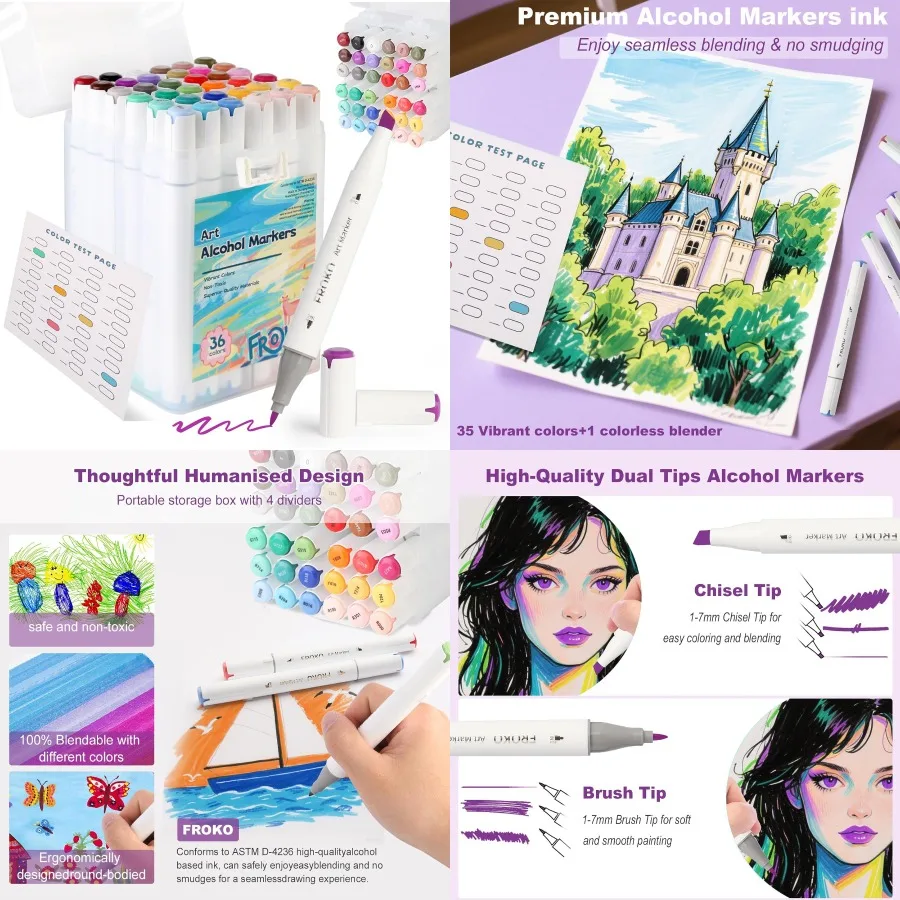 

Спиртовые маркеры FROKO, 36 цветов, художественные маркеры с двумя наконечниками и футляром для переноски, для творческого рисования и раскраски для взрослых, идеально подходят для Dra