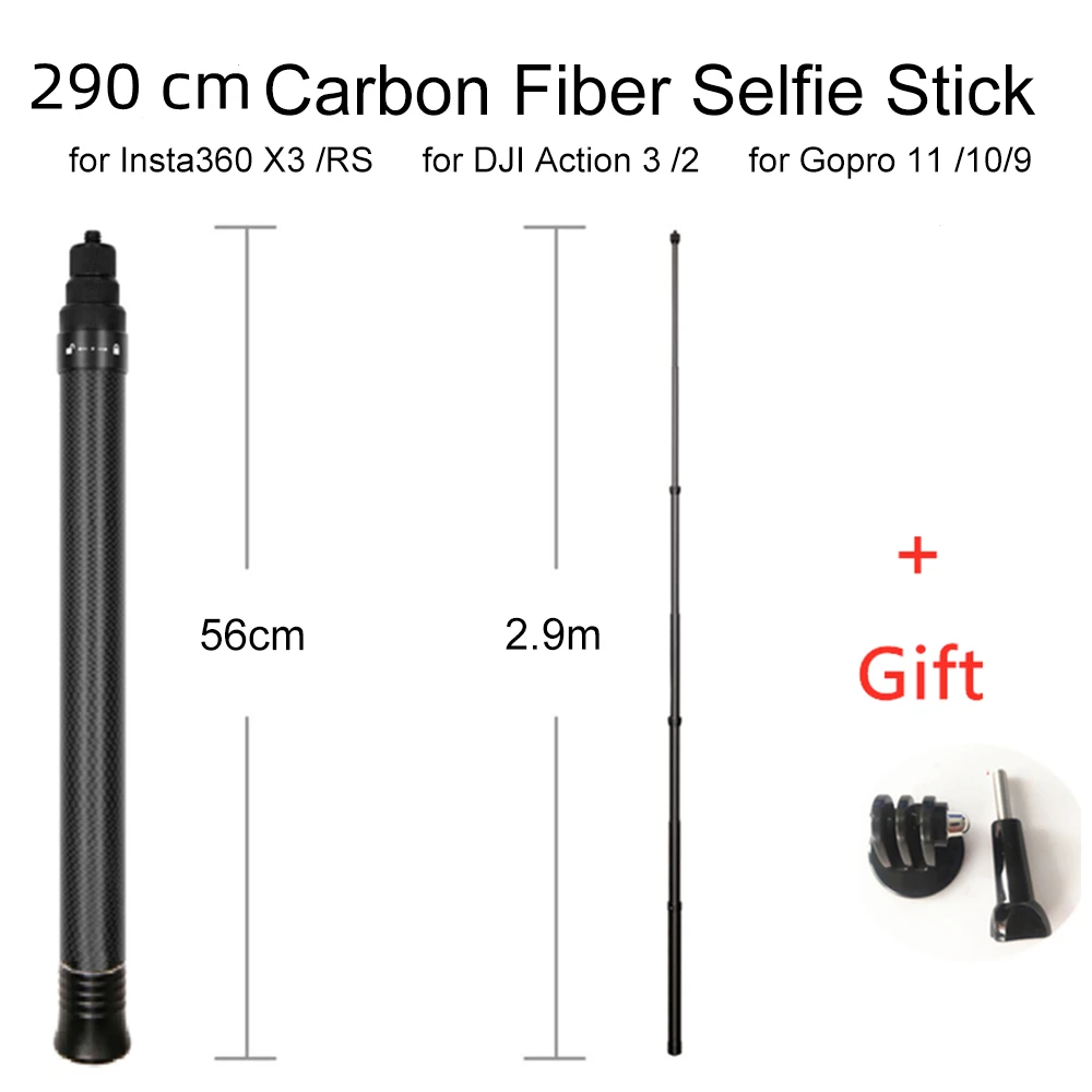 

3M Ultra-Long Carbon Stick Fiber Invisible Selfie Stick For Insta360 X3/X2/DJI Action 3/GoPro Selfie Stick Tripod Accessories