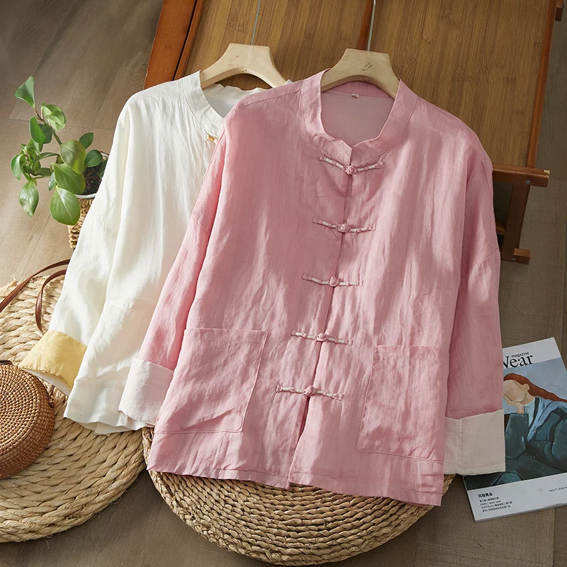 

Women's Spring Summer New Retro Large Size Loose Cotton Linen Button Cardigan Coat Sun Protection Wear Casual Style Shirt