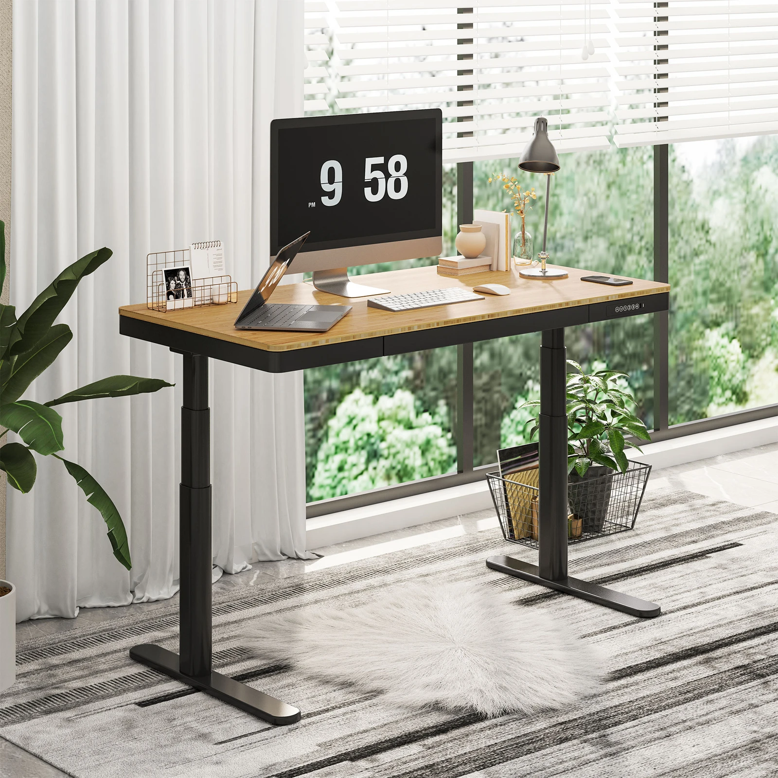 

Dual Motor 55" Bamboo Desktop Electric Standing Desk Wireless Charging