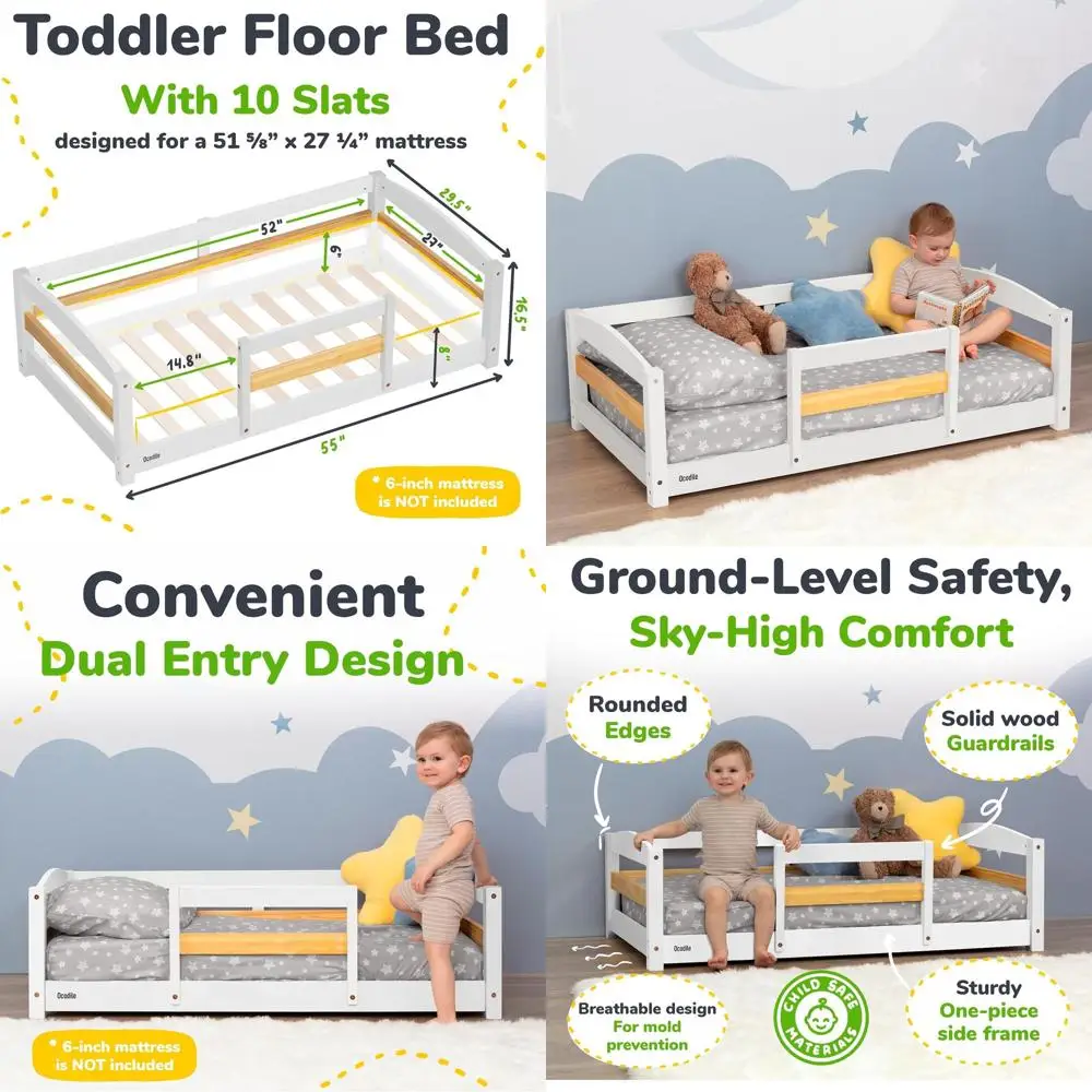 

Деревянная кровать для малышей белого цвета с бортиками, подходит для детей 1-3 лет, низкая по высоте для безопасности ребенка