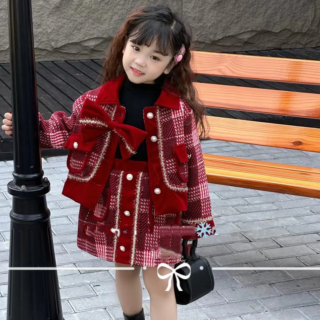 Girls Fashion Thicken Plaid Knit Sets Red Jacket and Skirt 2 Piece Set Winter Autumn Birthday Party Costumes for Kids