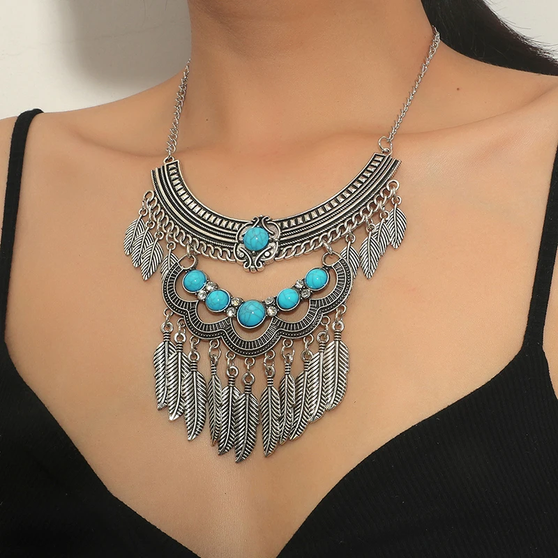 Vintage Statement Boho Necklace For Women Leaves Tassel Blue Black Red Beads Rhinestone Bohemian Necklace Party Jewelry Gift