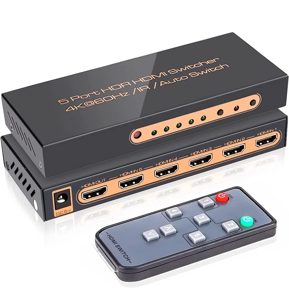 

4K 60Hz HDMI-compatible Switch 5 In 1 Selector Splitter 5x1 Remote Control Auto Switch 18Gbps HDR10 Dolby Vision Atmos CEC UHD