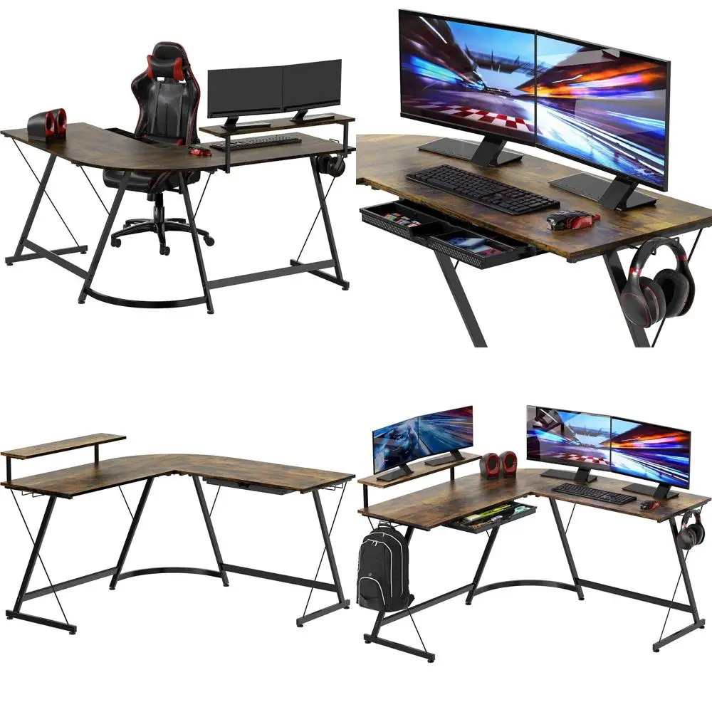 

Рабочий стол L-образной формы Rustic Brown 51 с подставкой для монитора и ящиками