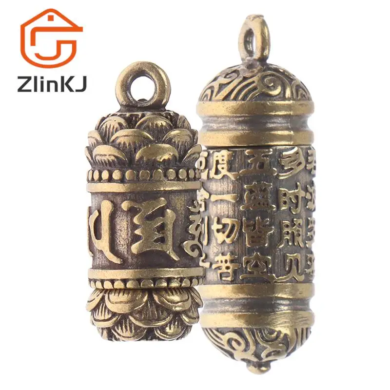 Pingente de cilindro de buda sutra de bronze vazado, colar, caixa de joias, recipiente de pílulas, garrafa, chaveiros, pingente
