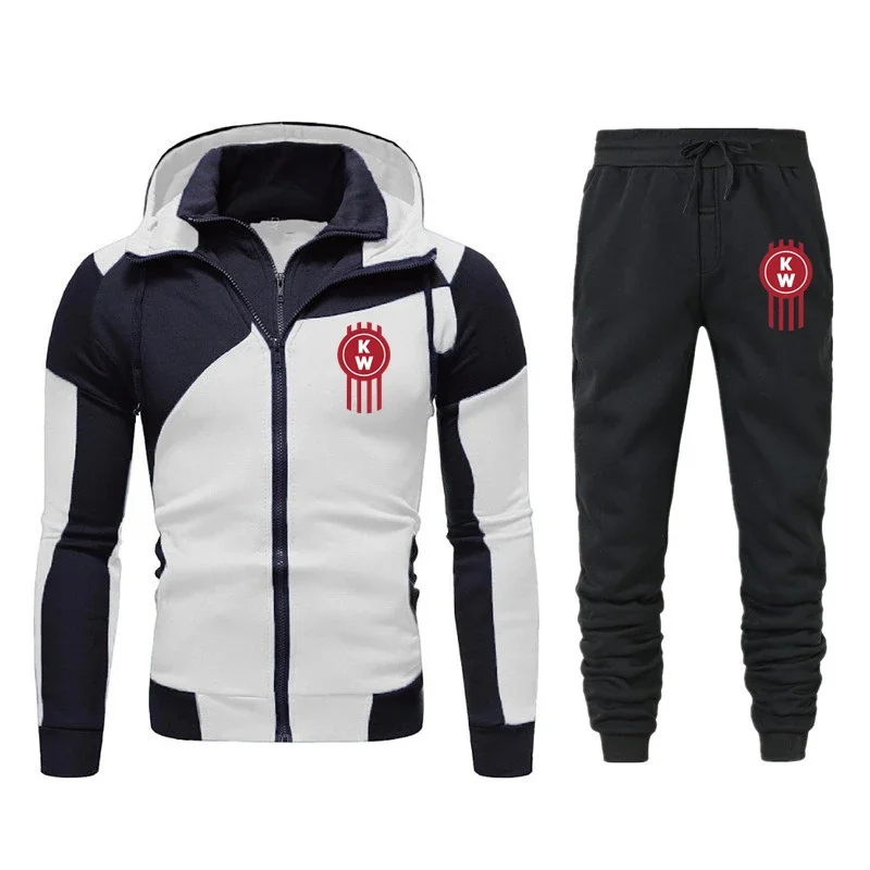 

Spring Autumn New Kenworth Logo Print Custom Made Warm Spliced Men Zipper Hoodie Jacket+Pants Pocket Casual Man Sportswear Set